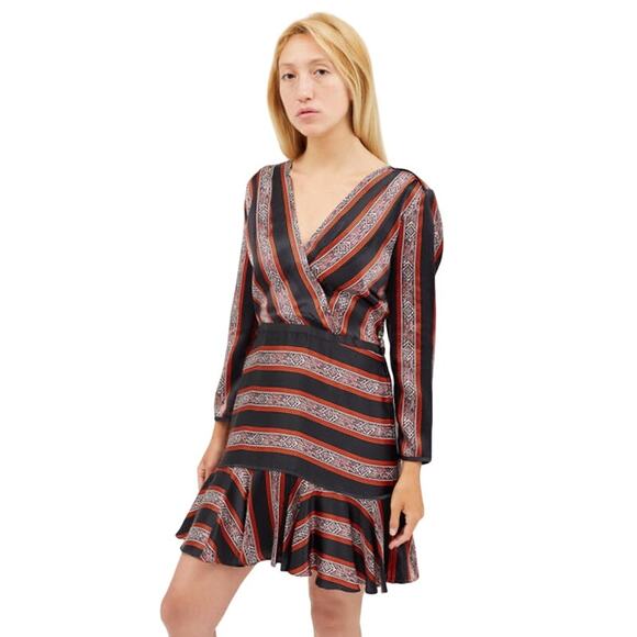 Veronica Beard Ivy Flounce Silk Mini Dress Printed Striped Long Sleeve Black Red - Picture 11 of 11